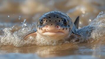 Shark swimming through shallow water with splashes at dawn in coastal area photo