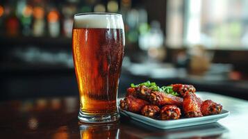 Enjoying craft beer with delicious chicken wings at a cozy pub in the evening photo