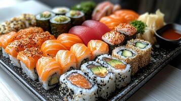 Sushi platter featuring assorted rolls, fresh fish, and side dishes served on a black tray photo