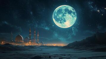 Majestic mosque illuminated at night under a full moon reflecting in water photo