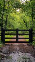 Beautiful forest entrance with a wooden gate and vibrant autumn foliage in the background photo