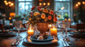 Elegant dinner setup with floral centerpiece and candlelight at a cozy restaurant photo