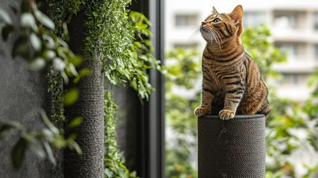Cat relaxing on a gray couch with sunlight filtering through plants in a cozy room photo