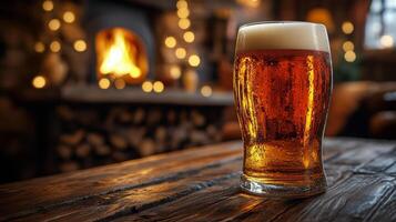 Warm beverage resting on a wooden table near a cozy fireplace with twinkling lights photo