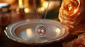 Elegant jewelry piece displayed on a decorative plate alongside a delicate rose at sunset photo