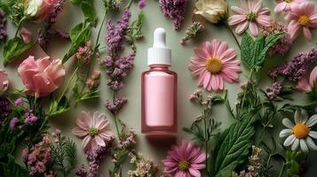 Herbal essence bottle surrounded by lush greenery and colorful butterflies in a serene setting photo