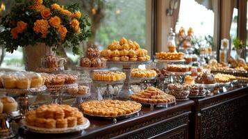Display of assorted pastries in a bakery showcasing diverse flavors and textures photo