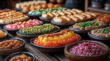 Display of assorted pastries in a bakery showcasing diverse flavors and textures photo
