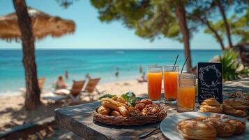 Enjoying a refreshing breakfast by the beach with tropical fruits and juices on a sunny morning photo