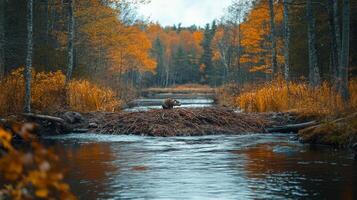 Beaver builds dam in autumn along tranquil riverbank surrounded by vibrant foliage photo
