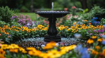Serene garden fountain surrounded by vibrant flowers in autumn colors photo