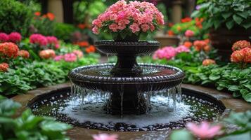 Serene garden fountain surrounded by vibrant flowers in autumn colors photo