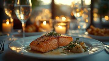 Outdoor dining experience with fresh food and sunset in a serene garden setting photo