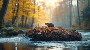 Beaver builds dam in autumn along tranquil riverbank surrounded by vibrant foliage photo