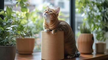 Cat relaxing on a gray couch with sunlight filtering through plants in a cozy room photo