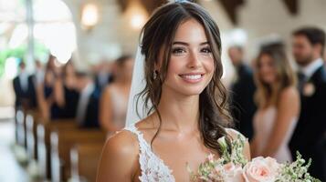 Bridal portrait in a sunlit garden setting with elegant floral arrangements and joyful guests nearby photo