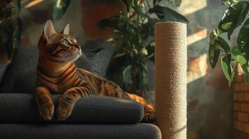 Cat relaxing on a gray couch with sunlight filtering through plants in a cozy room photo