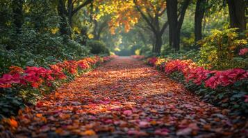 Vibrant autumn path lined with colorful flowers and fallen leaves in a serene garden setting photo