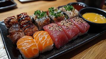 Sushi platter featuring assorted rolls, fresh fish, and side dishes served on a black tray photo