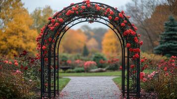 Beautiful rose garden pathway with vibrant blooms during golden hour photo
