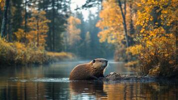 Beaver builds dam in autumn along tranquil riverbank surrounded by vibrant foliage photo