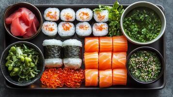 Sushi platter featuring assorted rolls, fresh fish, and side dishes served on a black tray photo