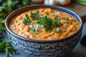 Freshly made creamy vegetable soup garnished with herbs in a rustic bowl on a kitchen countertop photo