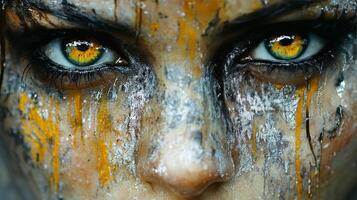 Intense gaze of a person with striking eyes and dramatic face paint showcasing artistry photo