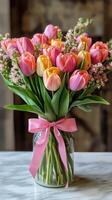 Colorful tulip bouquet with pink ribbon, perfect for celebrations and spring events photo