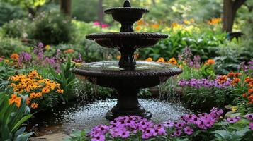 Serene garden fountain surrounded by vibrant flowers in autumn colors photo