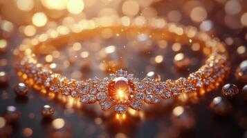 Elegant jewelry piece displayed on a decorative plate alongside a delicate rose at sunset photo