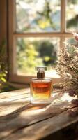 Elegant perfume bottle on wooden table in sunlit room with flowers and soft shadows photo