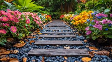 Vibrant autumn path lined with colorful flowers and fallen leaves in a serene garden setting photo