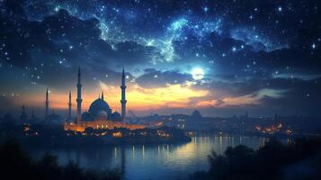 Majestic mosque illuminated at night under a full moon reflecting in water photo