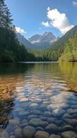 Lush river surrounded by mountains in a vibrant green landscape during daylight hours photo