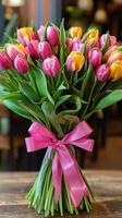 Colorful tulip bouquet with pink ribbon, perfect for celebrations and spring events photo