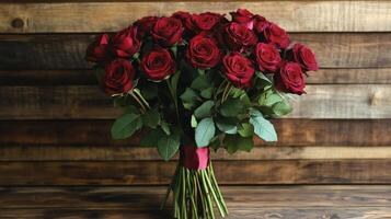 Stunning bouquet of red roses arranged beautifully on wooden surface photo