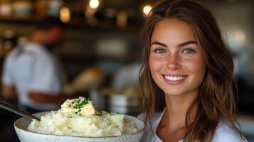 Smiling woman serving creamy mashed potatoes in a cozy restaurant setting during lunchtime photo