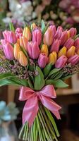 Colorful tulip bouquet with pink ribbon, perfect for celebrations and spring events photo