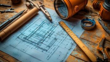 Detailed architectural blueprints with drafting tools on a wooden table photo