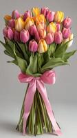 Colorful tulip bouquet with pink ribbon, perfect for celebrations and spring events photo