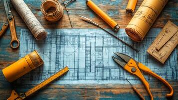 Detailed architectural blueprints with drafting tools on a wooden table photo