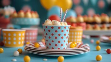 Celebration table setting with cake, party cups, and decorative plates during an evening gathering photo