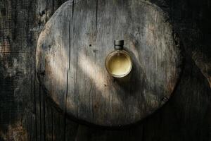 Elegant glass perfume bottle capturing sunlight on a wooden table photo