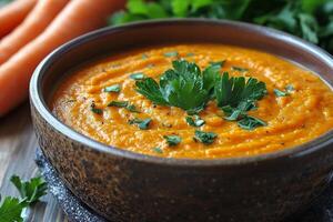 Freshly made creamy vegetable soup garnished with herbs in a rustic bowl on a kitchen countertop photo