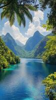 Lush river surrounded by mountains in a vibrant green landscape during daylight hours photo