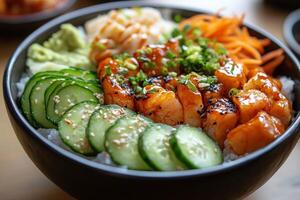Grilled shrimp bowl with rice and fresh cucumber on a dark background photo