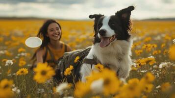 Happy dogs playing in a sunny field chasing a flying disc during golden hour photo
