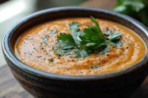 Freshly made creamy vegetable soup garnished with herbs in a rustic bowl on a kitchen countertop photo
