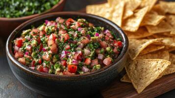 Fresh salsa and crispy tortilla chips served on a wooden table with herbs and spices in background photo